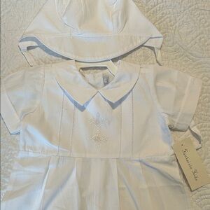 White Baby Christening One piece for baby boy with Bonnet